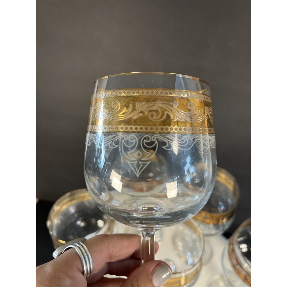Vintage Stolzle Crystal Wine Goblet Glasses Gold Trim and White Band, Set of 8 - Picture 12 of 12